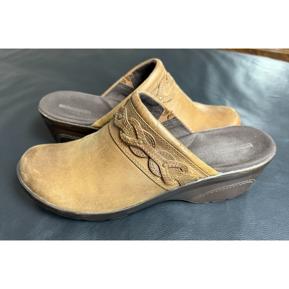 Clarks Marion Coreen Tan Leather Wedge Clogs Slip On Mules Braided Women's 10W